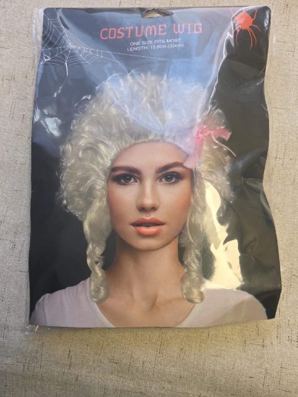 - White Curly Women's Hair with Pink Bow